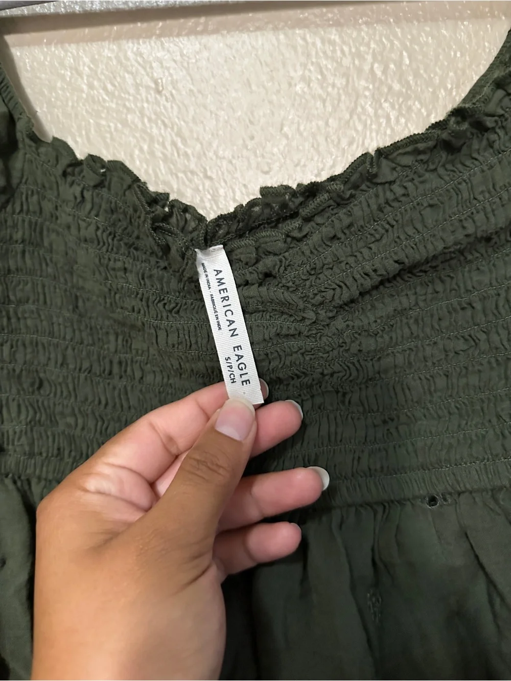 American Eagle Outfitters Olive Green Smocked Eyelet Peasant Top